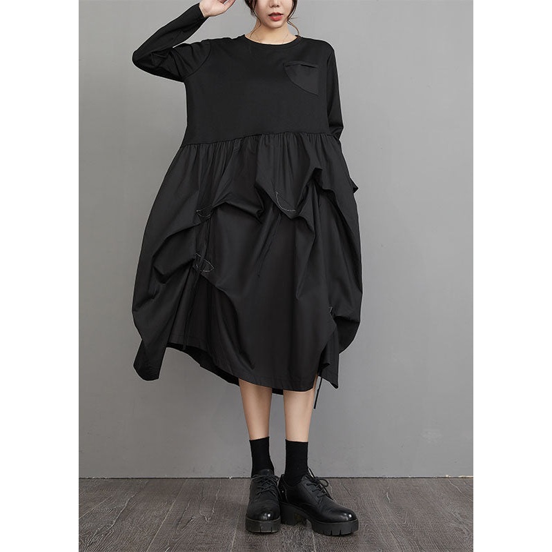 Casual Black O-Neck Wrinkled Patchwork Maxi Lantern Dresses Long Sleeve