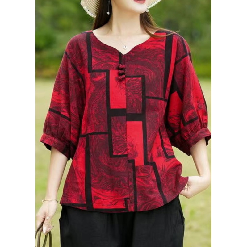 Casual Red Print Patchwork Top Summer