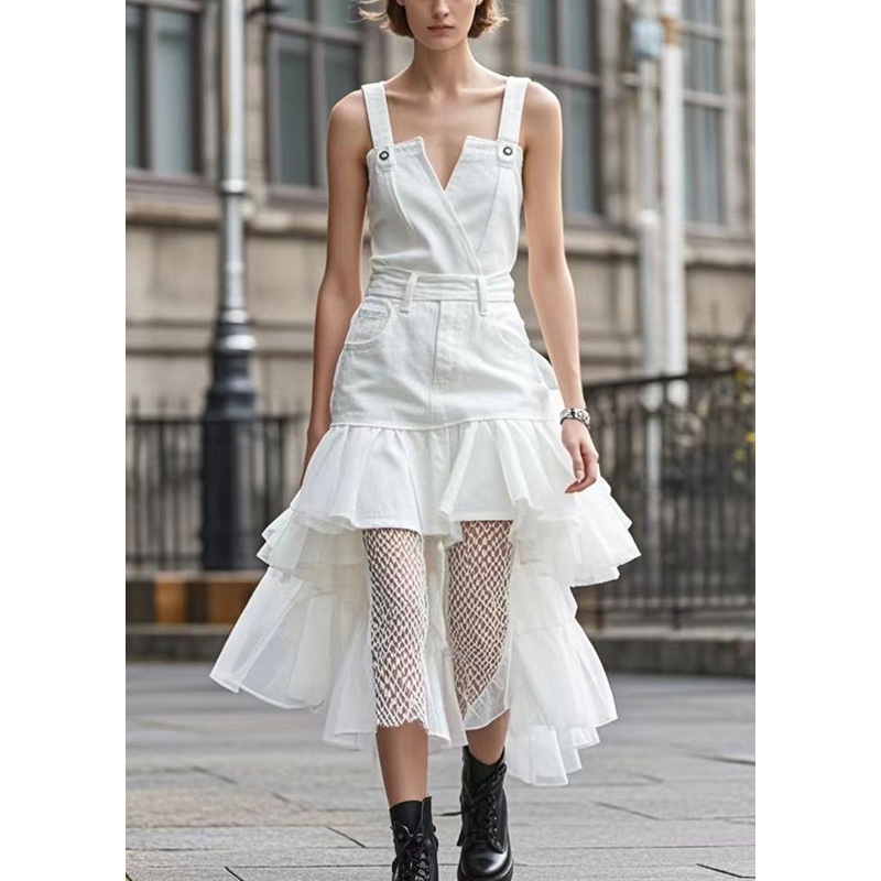 Casual White Ruffles Patchwork Organza Denim Dress Summer