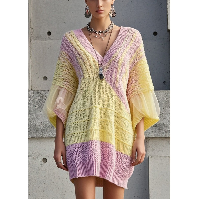 Casual Yellow Oversized Patchwork Tulle Sweater Dress Fall