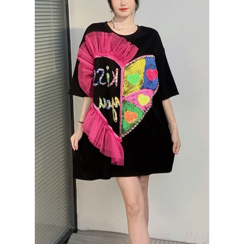 Chic Black O Neck Ruffled Cotton T Shirt Dresses Summer