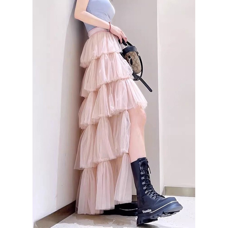 Chic Pink Low High Design High Waist Tulle Skirts Spring