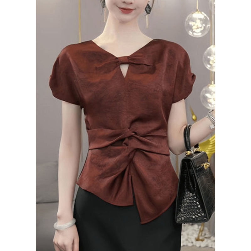 Chic Red V Neck Cinched Shirts Summer