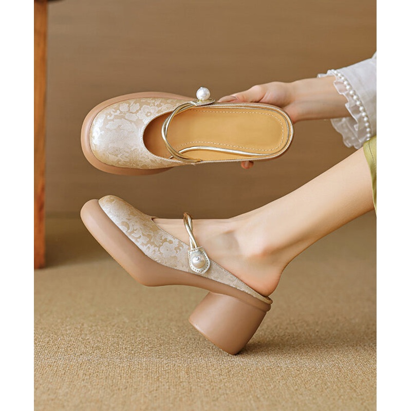 Chinese Style Comfy Apricot Chunky Heel Slide Sandals