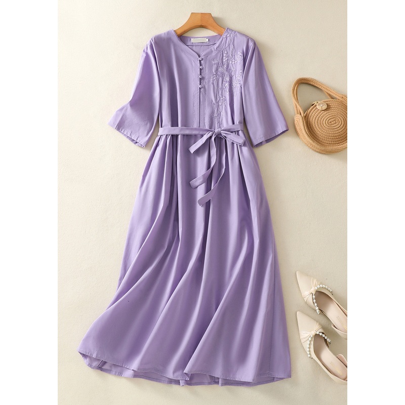 Chinese Style Light Purple Embroidered Tie Waist Cotton Dress Summer