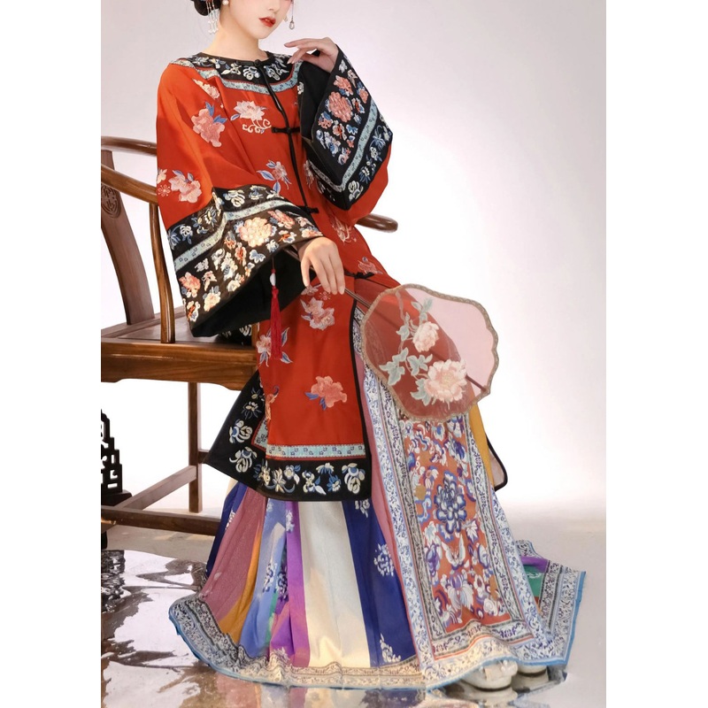 Chinese Style Red Embroidered Button Silk Two Pieces Set Long Sleeve