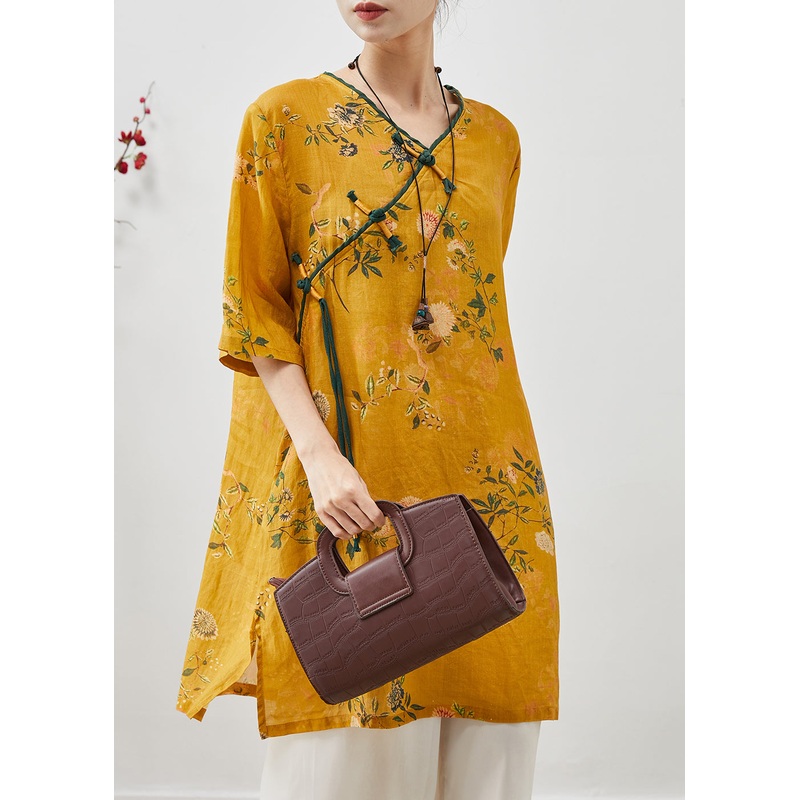 Chinese Style Yellow Tasseled Print Linen Dress Summer