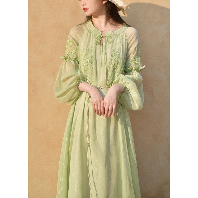 Classy Green Embroidered Lace Up Chiffon Long Dresses Long Sleeve