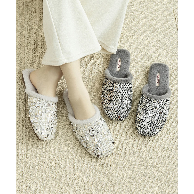 Classy Grey Sequins Cotton Fabric Slippers Shoes Fuzzy Wool Lined
