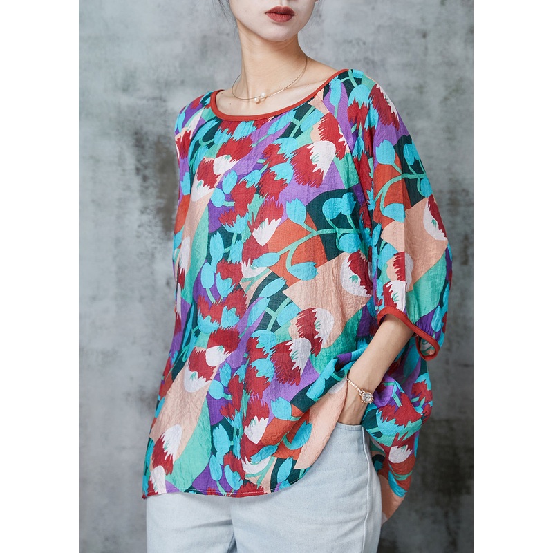 Classy Purple Oversized Print Cotton Blouse Tops Summer