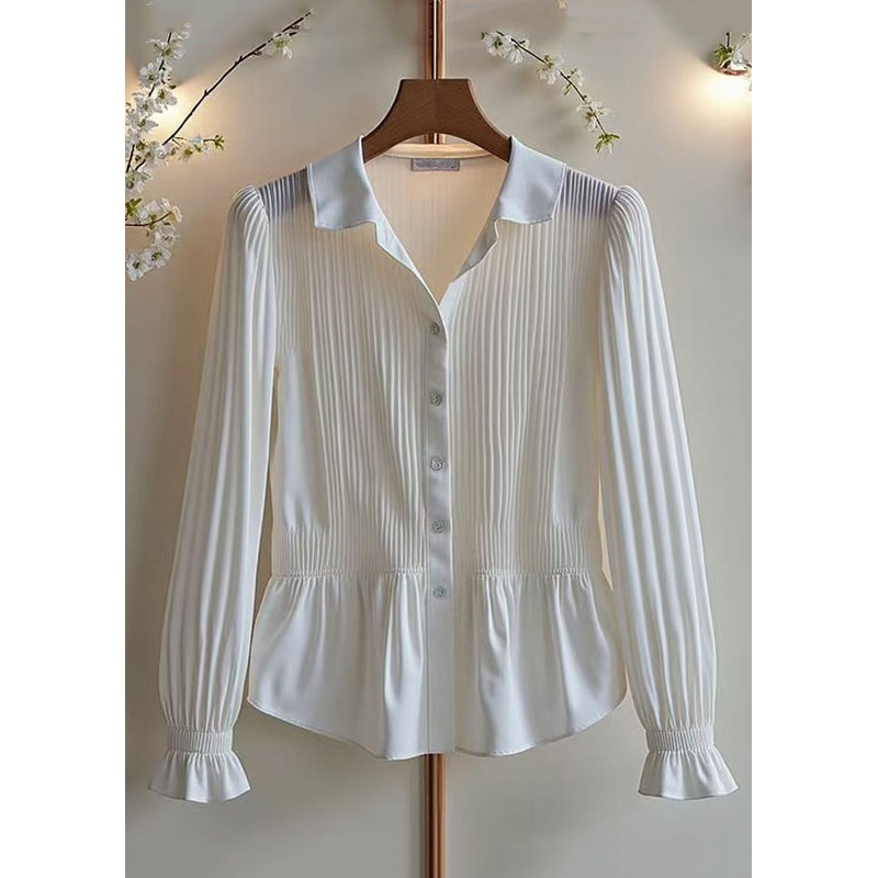 Classy White Button Wrinkled Cotton Blouses Spring