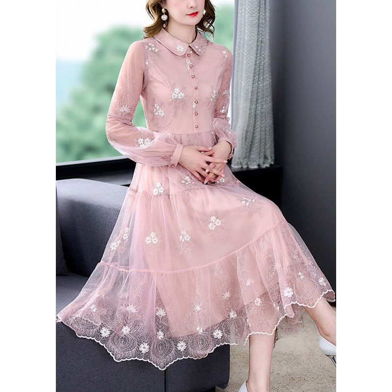 Cute Pink Peter Pan Collar Embroideried Floral Patchwork Button Tulle Maxi Dress Long Sleeve