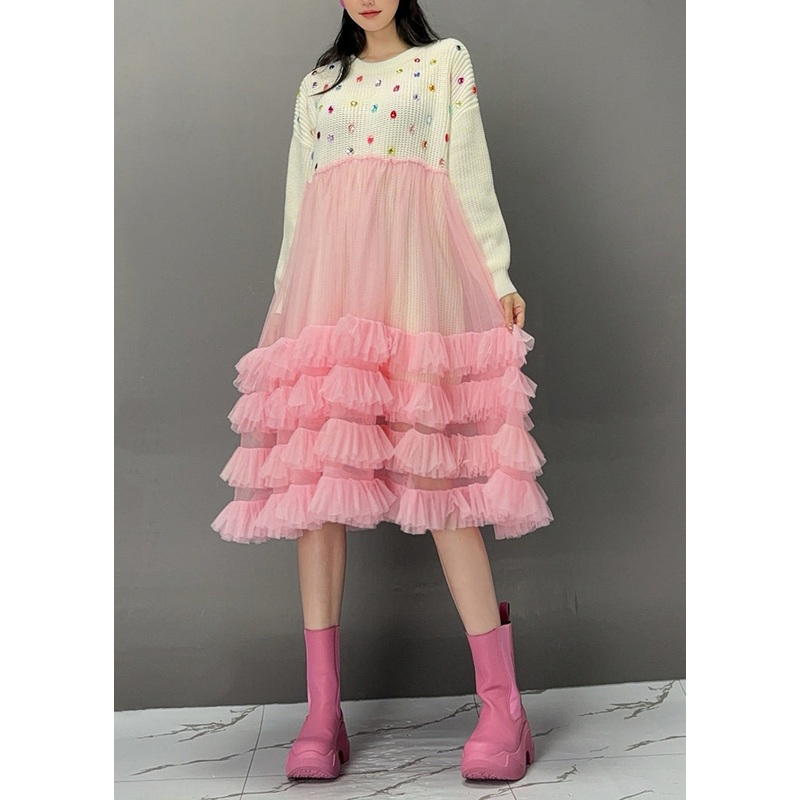 Cute White O-Neck Sequins Knit Patchwork Tulle Maxi Cake Dress Fall