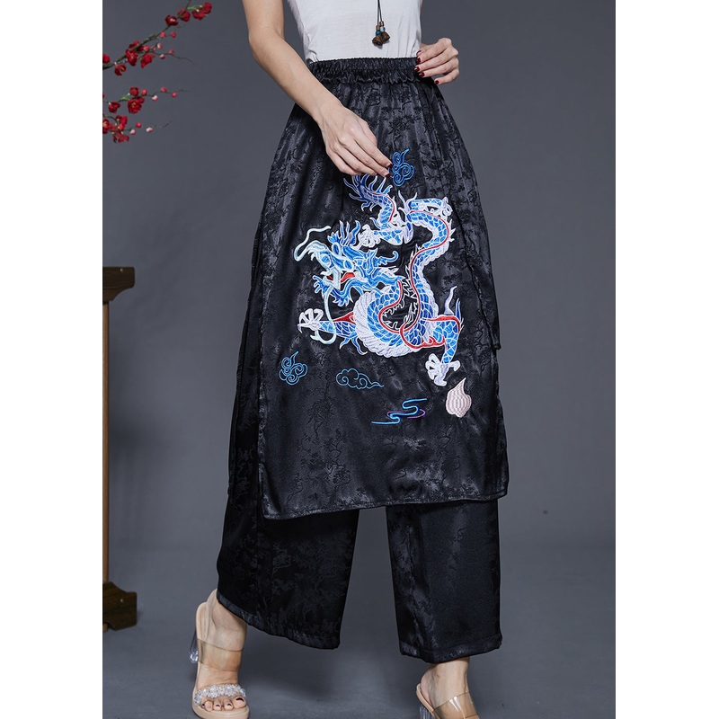Diy Black Jacquard Embroidered Silk Pants Skirt Spring