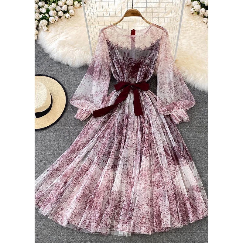 DIY Mulberry O-Neck Print Tulle Long Dress Long Sleeve