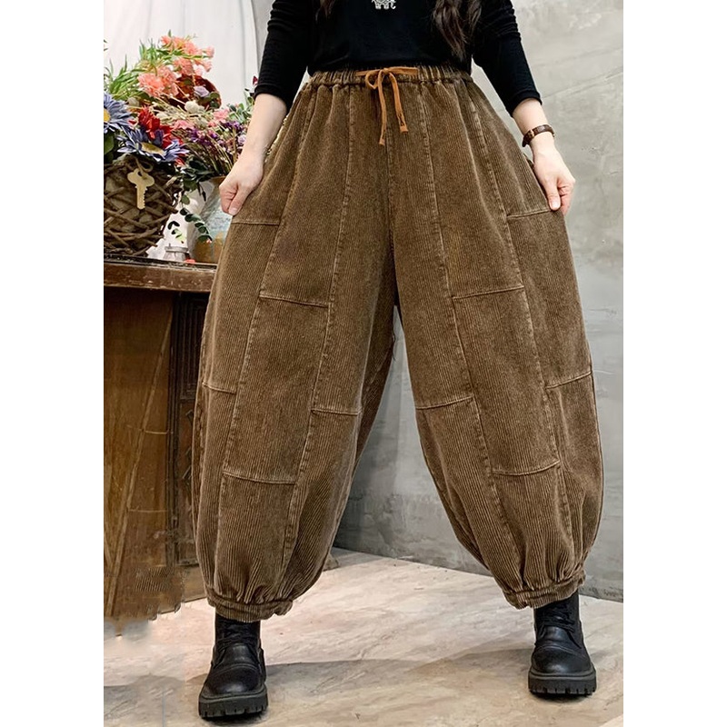 Earth Yellow Pockets Patchwork Corduroy Lantern Pants