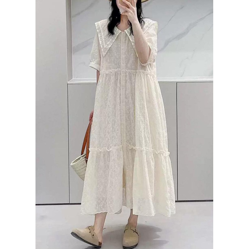 Elegant Apricot Ruffled Button Cotton Shirts Dresses Summer