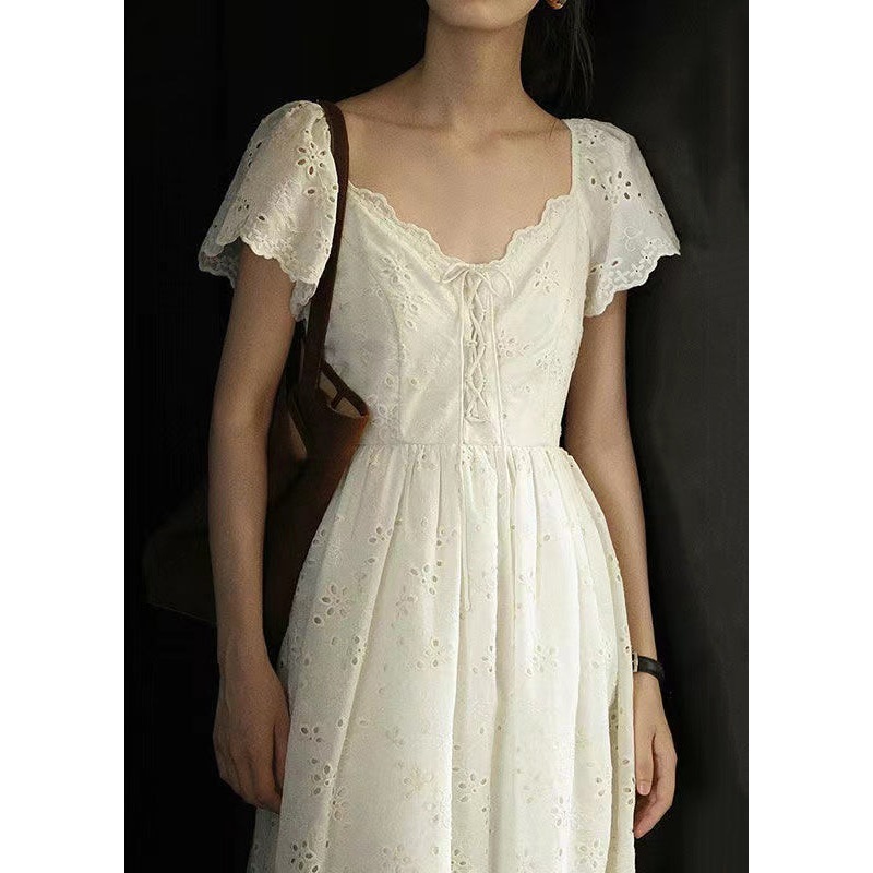Elegant Beige Embroidered Lace Up Cotton Long Dress Summer