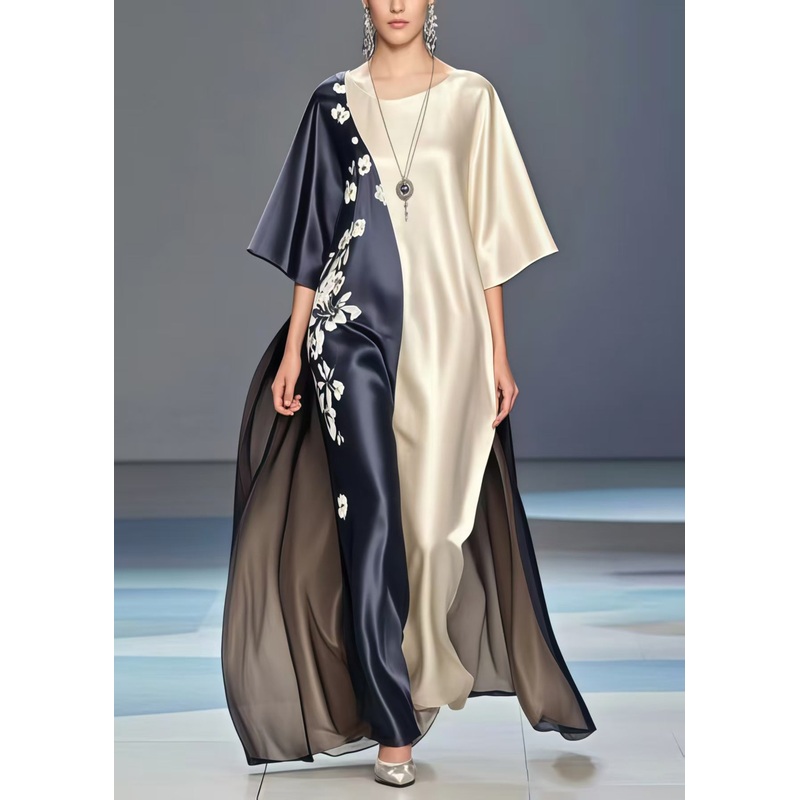 Elegant Colorblock Print Exra Large Hem Silk Long Dresses Summer