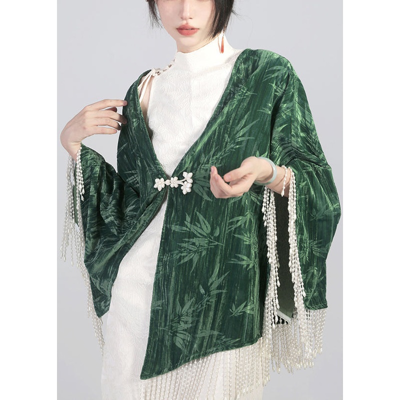 Elegant Green Tasseled Chinese Button Cotton Cape Coats Spring