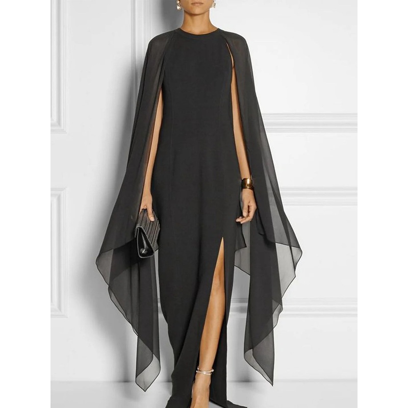Elegant Thigh Split Hem Cloak Sleeve Maxi Dress