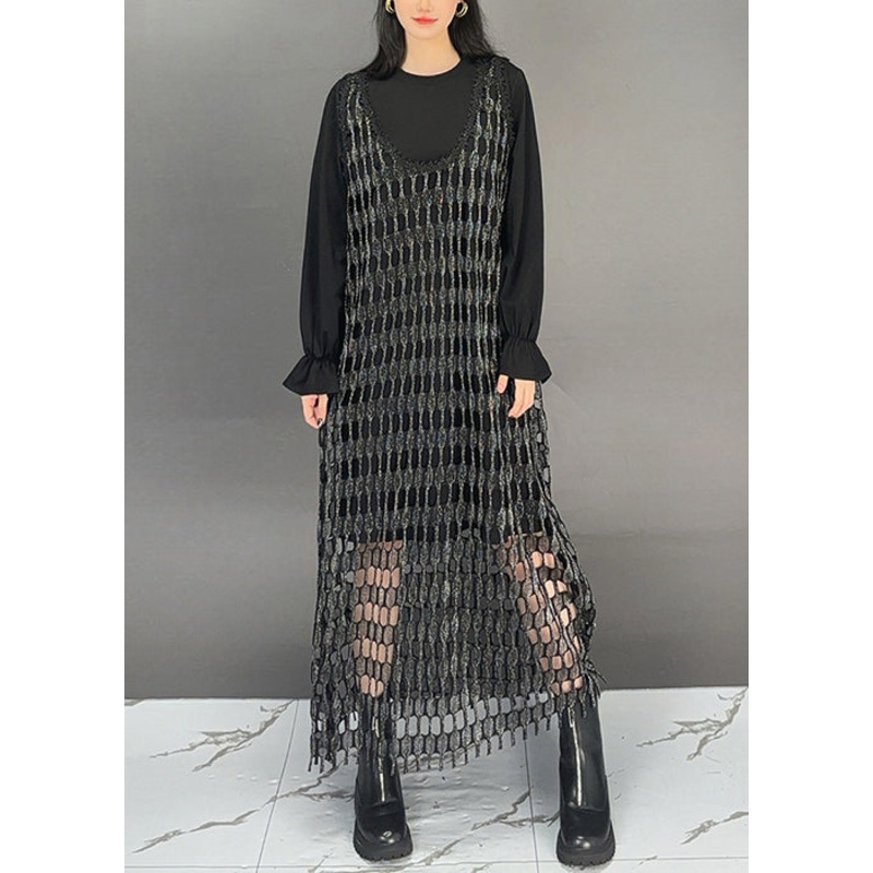 Fashion Black O Neck Patchwork Cotton Sets 2 Pieces Dresses Fall
