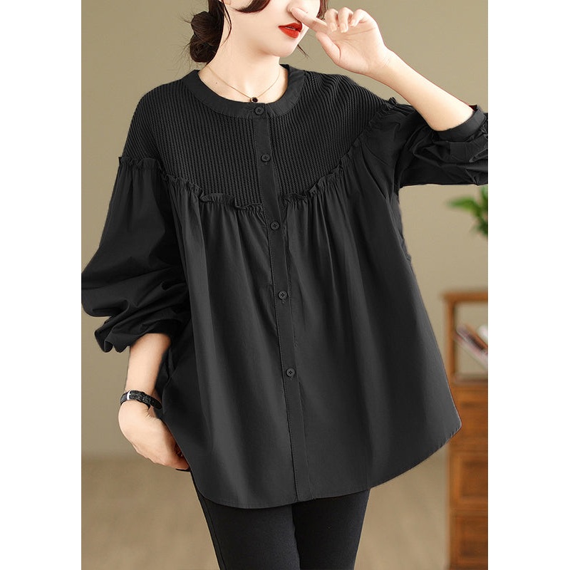Fashion Black Ruffled Patchwork Button Top Spring