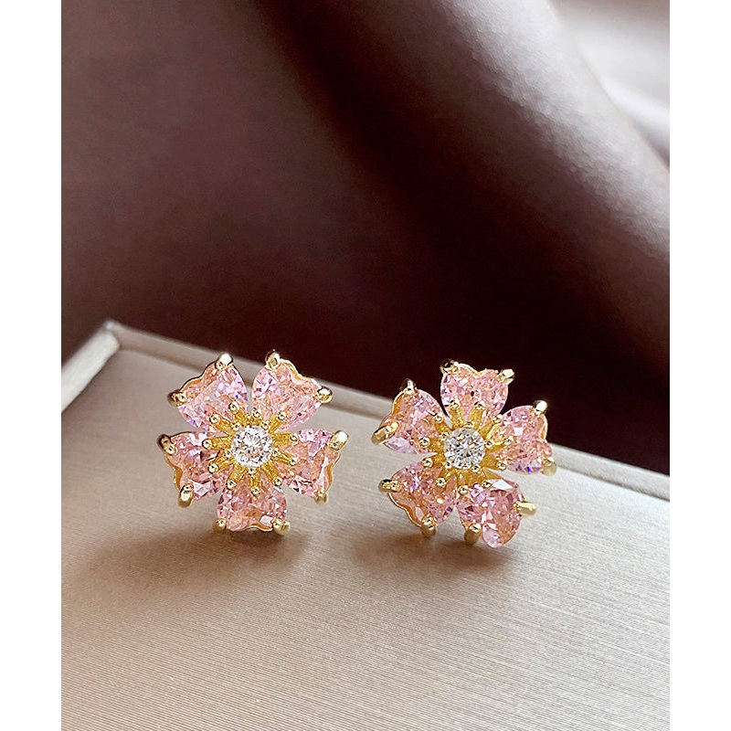 Fashion Pink Copper Alloy Zircon Floral Stud Earrings