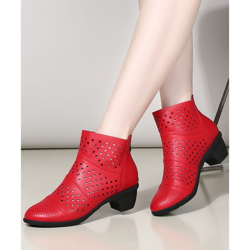 Fashion Red Chunky Cowhide Leather Hollow Out Splicing Boots