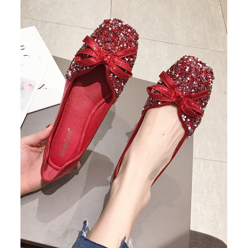 Fashion Red Faux Leather Penny Loafers Splicing Sequins Bow