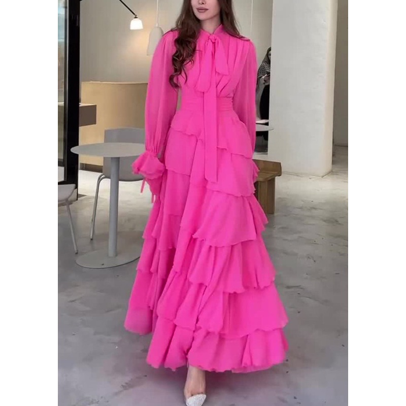 Fashion Rose Bow Ruffled Patchwork Chiffon Long Dress Fall