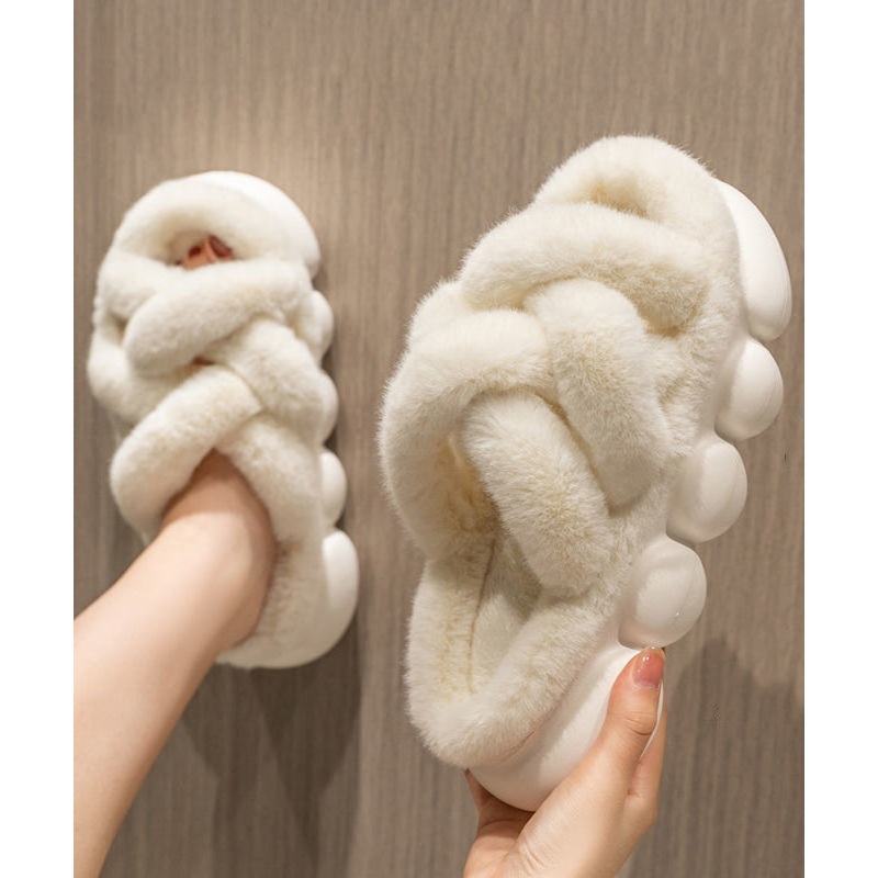 Fashion White Fuzzy Fur Slippers Shoes Platform