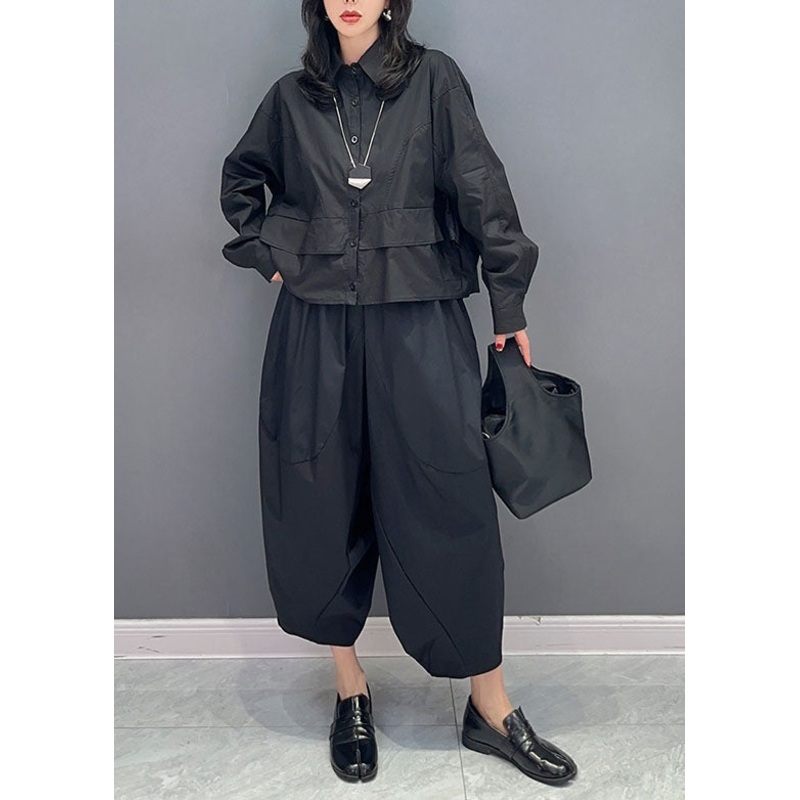 Fine Black Peter Pan Collar Patchwork Tops And Pants Cotton Two Pieces Set Spring