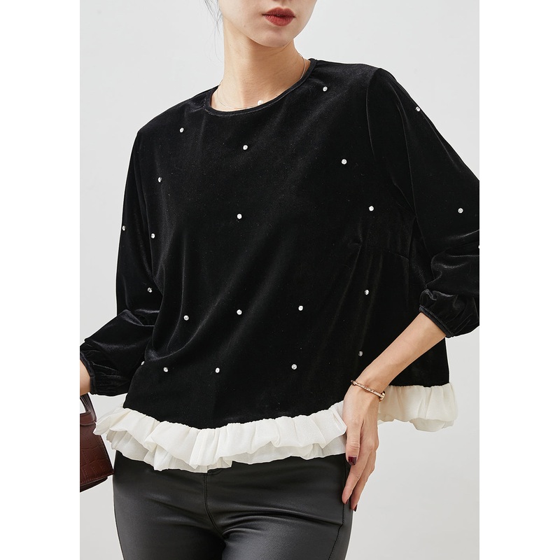 Fine Black Ruffled Patchwork Nail Bead Velour Blouse Tops Spring