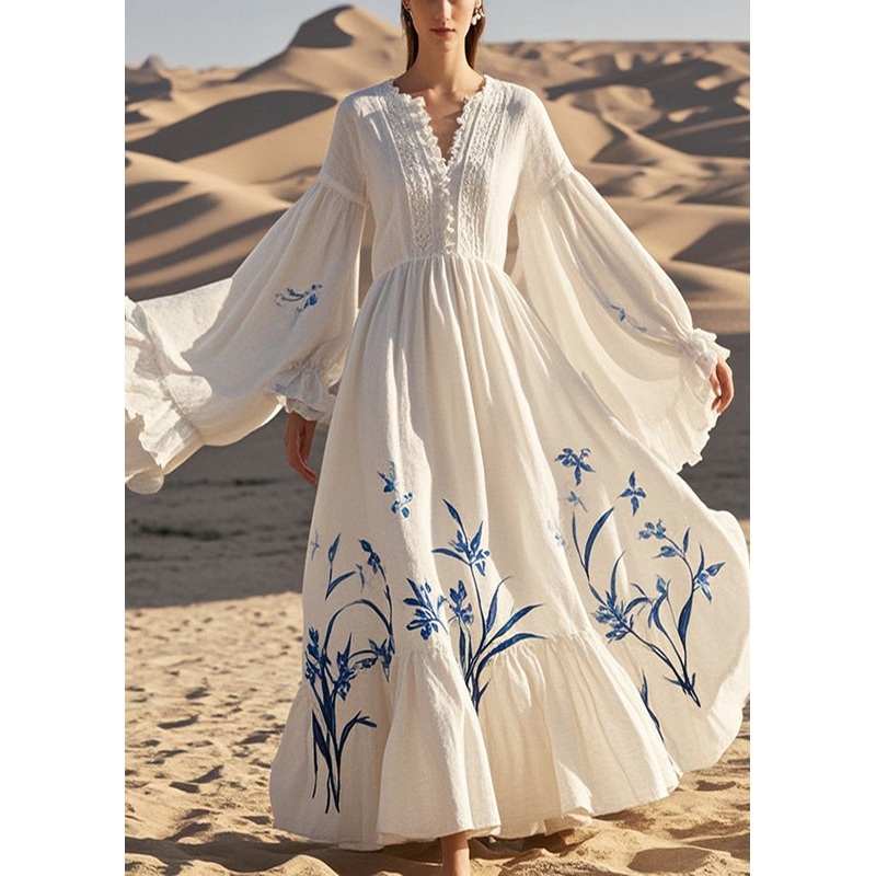 Fine White V Neck Print Cotton Party Dress Butterfly Sleeve