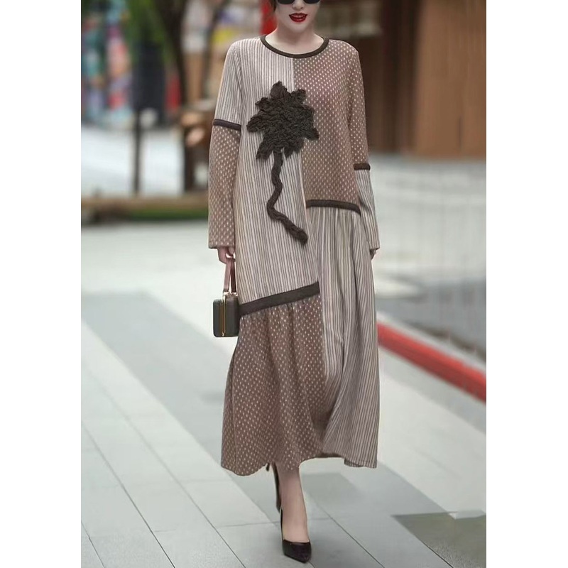 Floral Beige Asymmetrical Patchwork Long Dresses Winter
