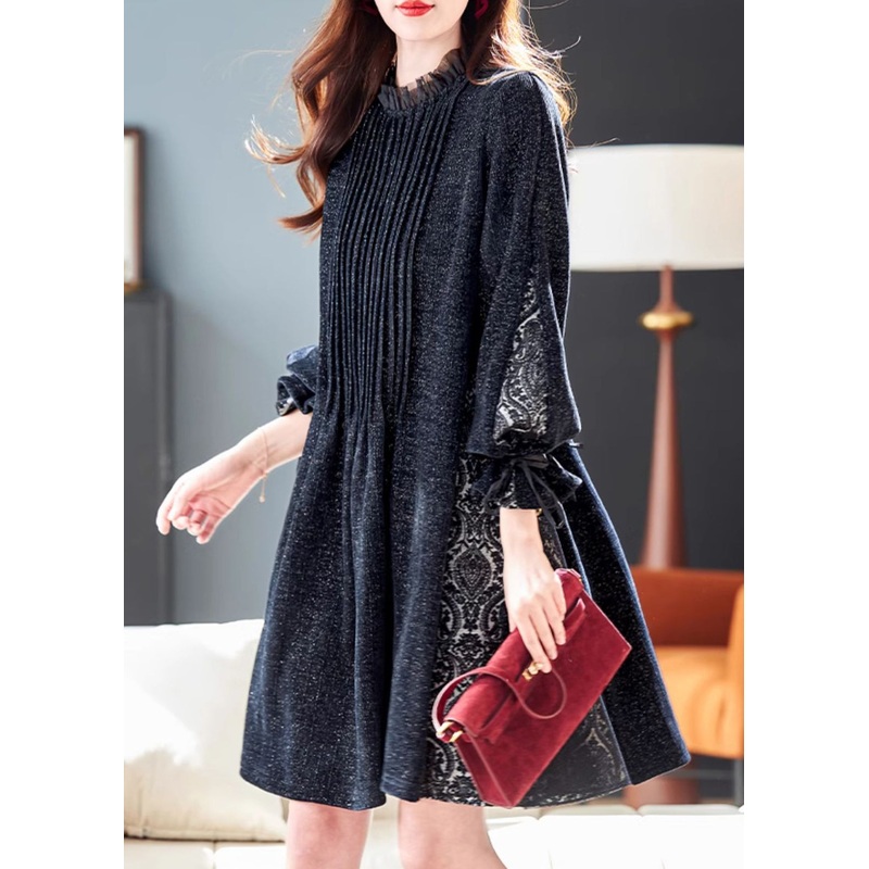French Black Sequins Tulle Patchwork Dresses Butterfly Sleeve