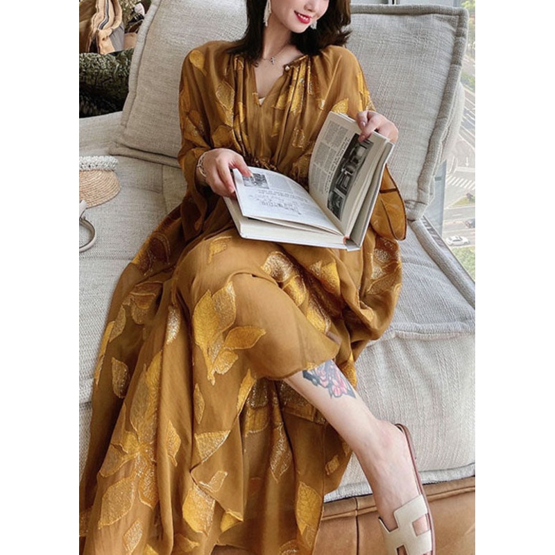 French Caramel O Neck Jacquard Drawstring Silk Cinch Dresses Summer
