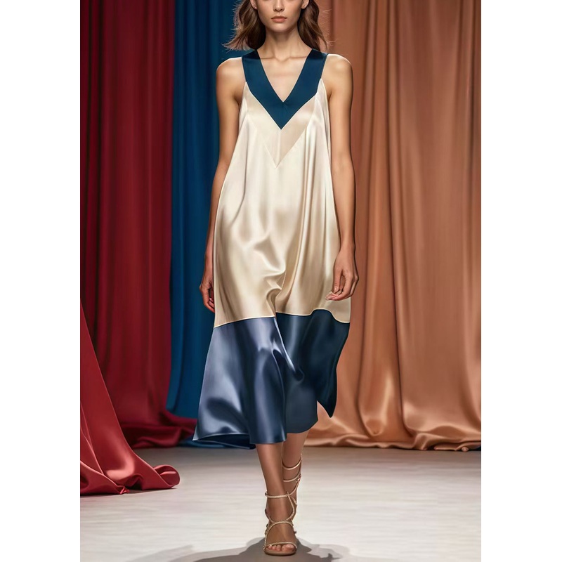French Champagne V Neck Patchwork Silk Holiday Dress Summer