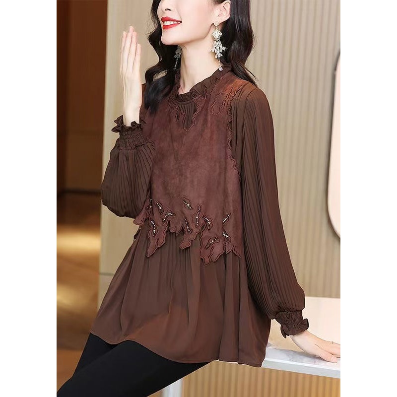 French Coffee Ruffled Patchwork Shirt Butterfly Sleeve