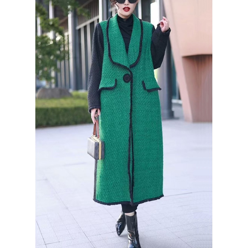 French Green Button Pockets Patchwork Woolen Coats Winter