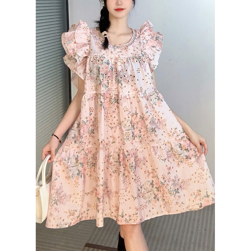 French Pink O-Neck Print Cotton Mid Dresses Petal Sleeve