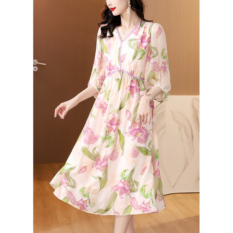 French V Neck Print Silk Dresses Lantern Sleeve