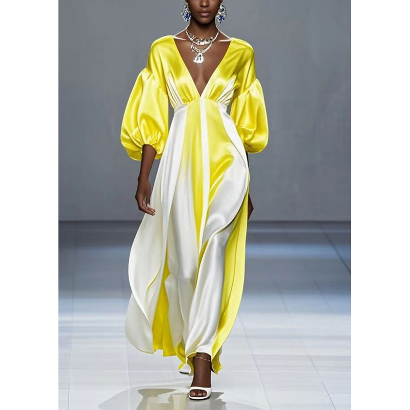 French Yellow Deep-V Neck Patchwork Silk Dress Lantern Sleeve