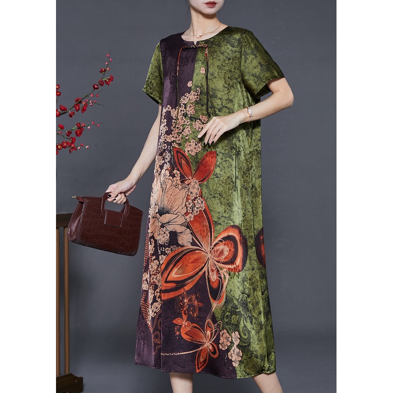 Green Print Silk Holiday Dress Chinese Button Summer