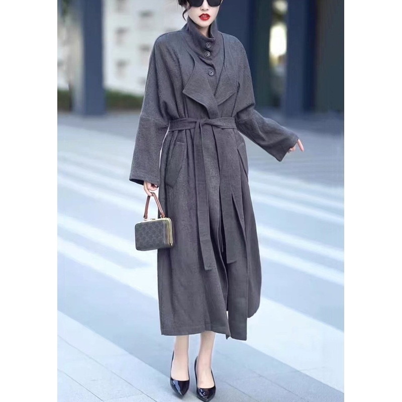 Grey Pockets Tie Waist Cotton Trench Coat Stand Collar Winter
