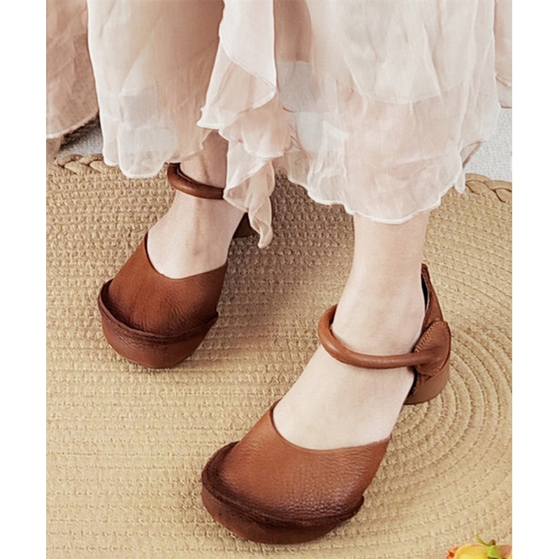 Handmade Brown Chunky Cowhide Leather Splicing Sandals