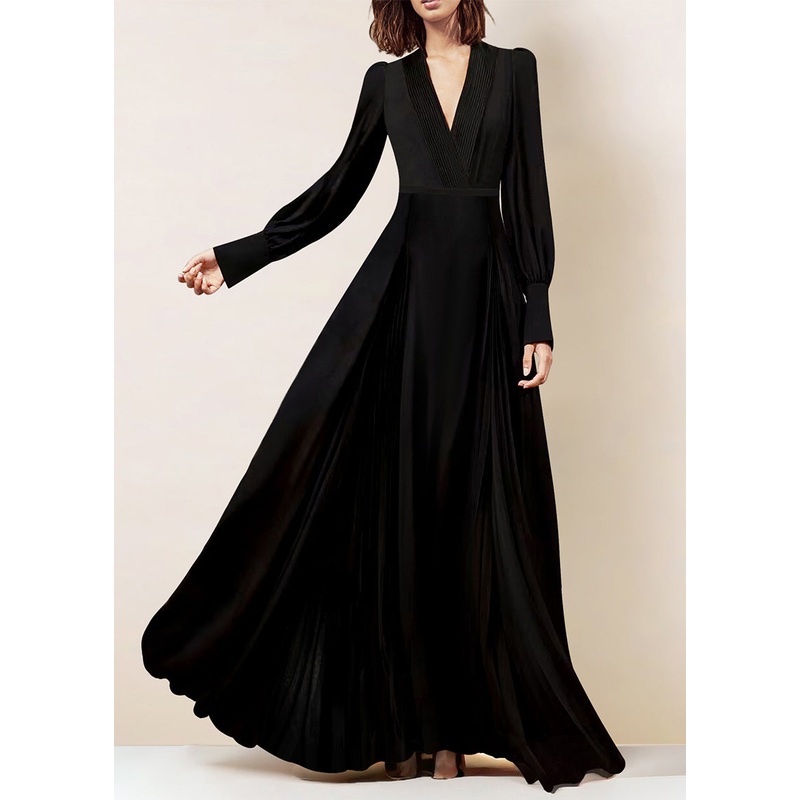 Italian Black V Neck Wrinkled Zippered Chiffon Maxi Dresses Fall