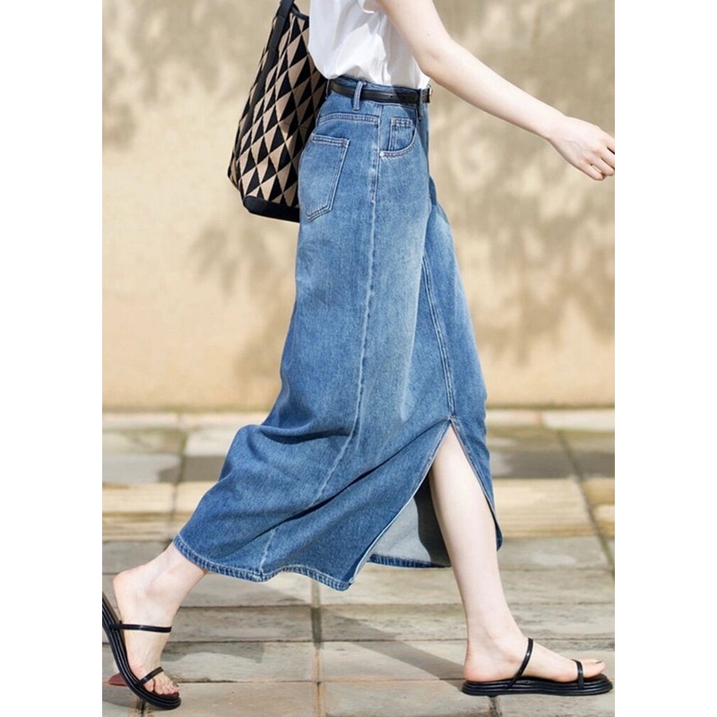 Italian Blue Side Open High Waist Denim Skirts Fall