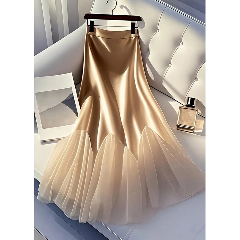 Italian Champagne Tulle Patchwork Silk A Line Skirt Summer